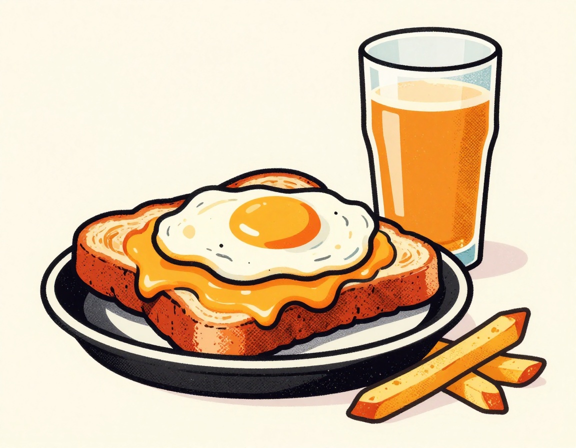 Illustration sérigraphiée d'un welsh : pain grillé nappé de cheddar fondu, œuf miroir, frites et bière ambrée