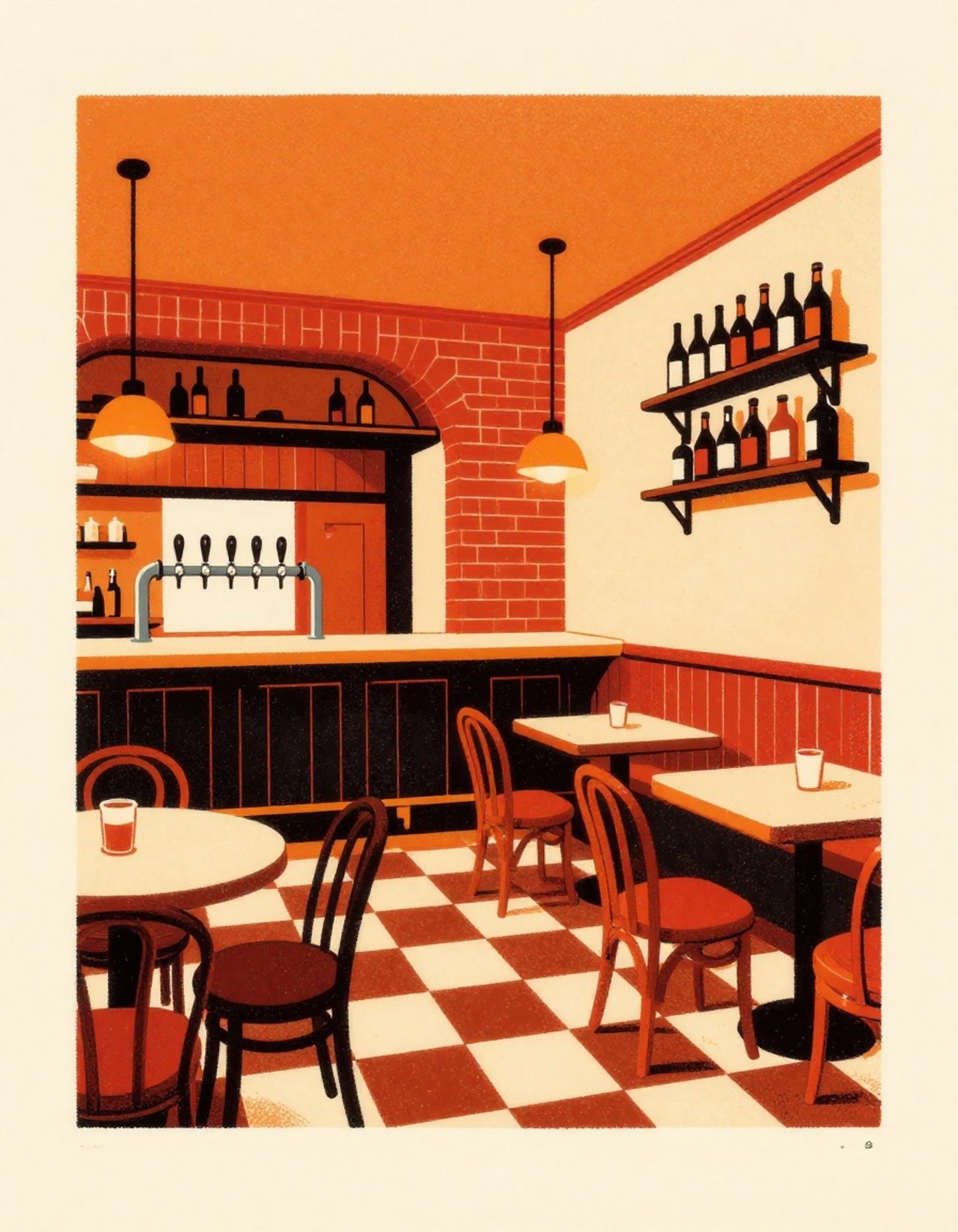 Illustration sérigraphiée d'un intérieur d'estaminet flamand : comptoir en zinc, tireuses à bière, sol en damier